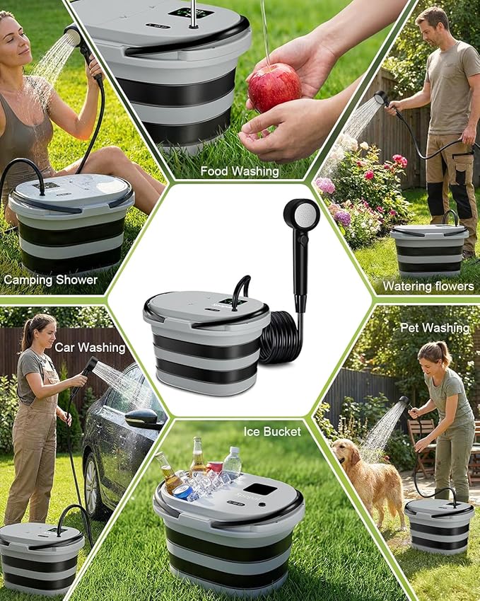 Spopal Portable Integrated Camping Shower with 20L Bucket, Temperature Measurement & Fruit Washing Mode, LED Digital Display, IPX8 Waterproof, 13000mAh Battery for Hiking, Travel, Car, Pet