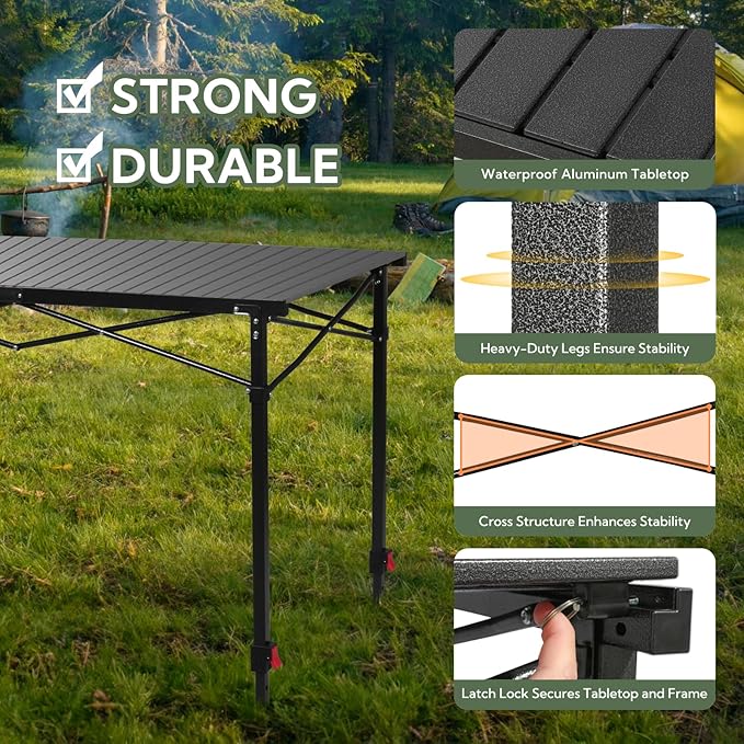 Join Nature Portable Outdoor Adjustable Height Camping Table, Large for 2-6 Person, Foldable Roll-up Aluminum Camp Table with Carry Bag for Picnic, Camp, Sturdy, Stable, Loads 220 Lbs (Black)