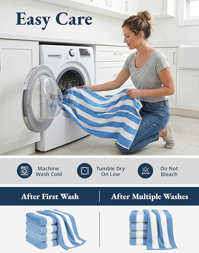 LANE LINEN 100% Cotton Beach Towel- Pack of 4 Beach Towels Set, Cabana Stripe Pool Oversized Beach Towels for Adults (30" x 60”), Highly Absorbent, Large Beach Towel, Quick Dry Towel - Light Blue