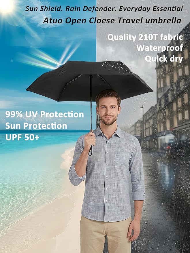 BAODINI Compact Travel Umbrella Small Windproof Auto Open Close for UV Sun Protection UPF 50+ and Rain Fits Backpack Purse & Suitcase