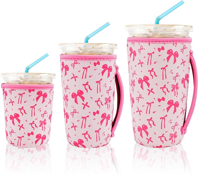 KJQJLY 3 Pack Reusable Iced Coffee Sleeves for Iced Coffee Cups or Drinks Reusable Neoprene Insulated Sleeves for Hot and Cold Drinks from Starbucks, Dunkin, And More (Pink bow)