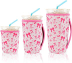 KJQJLY 3 Pack Reusable Iced Coffee Sleeves for Iced Coffee Cups or Drinks Reusable Neoprene Insulated Sleeves for Hot and Cold Drinks from Starbucks, Dunkin, And More (Pink bow)
