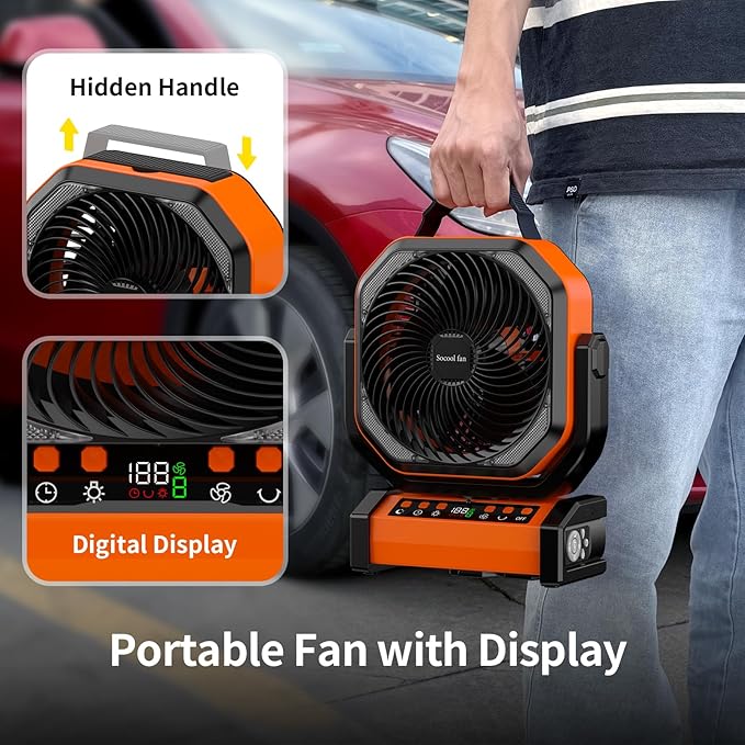 Socool Camping Fan with Light, 20000mAh Rechargeable Battery Fan with Remote, 112Hrs & 8 Speeds, Digital Display, Timer, Auto Oscillation, 270° Pivot & Hook for Outdoor Tent, Hurricane, Power Outage