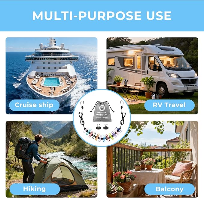 Magnetic Travel Clothesline - Cruise Ship Essentials & Must Haves 2026 - Stretches to 12ft Retractable Laundry Drying Line with Non-Scratch Magnetic Hooks, Positioning Beads & 12 Anti-Slip Clips