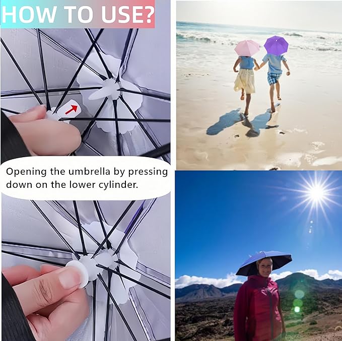 3 Pack Umbrella Hat, Sports Head Umbrella Hats for Adult Women, 26" Diameter Folding Waterproof Rainbow Fishing Headwear for Outdoor Party Beach Hiking