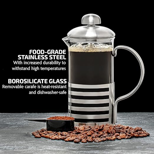 OVENTE French Press Coffee Maker 20 Ounce with Heat Resistant Borosilicate Glass, Stainless Steel Design and 4-Level Filter System, Portable Cold Brewer Pot for Travel, Camping or Gift, Silver FSH20S