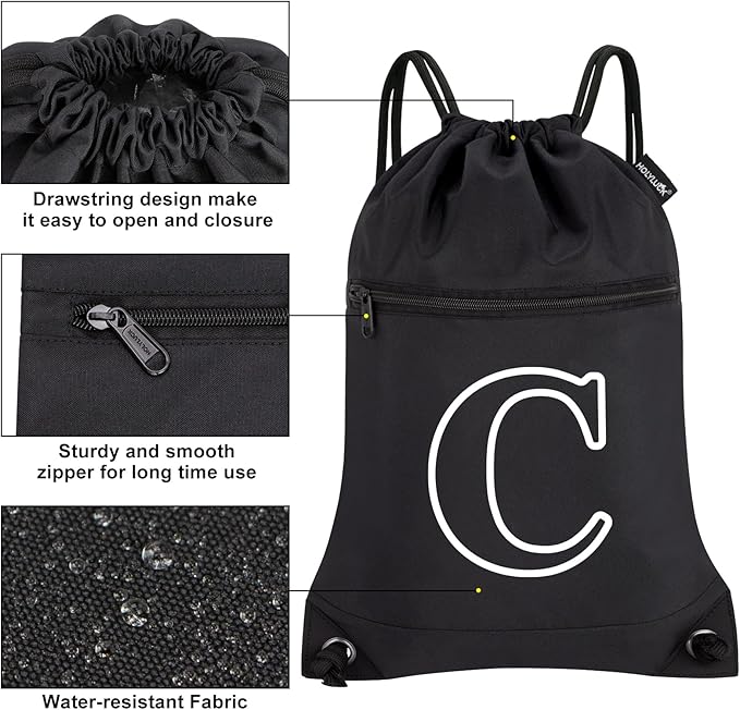 HOLYLUCK Drawstring Bags Initial Backpack Sackpack Cinch Bags for Sports, Gym, Travel, Beach(Black-C)