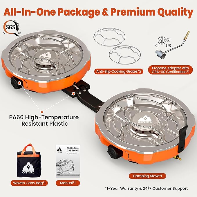 Cofiyard 20,000 BTUs 2 Burner Propane Camping Stove, Portable Folding Camp Stove with Adjustable Burners, Regulator and Carrying Bag, Dual Gas Stoves Easy Carrying Handle for Tailgating, Camping, BBQ