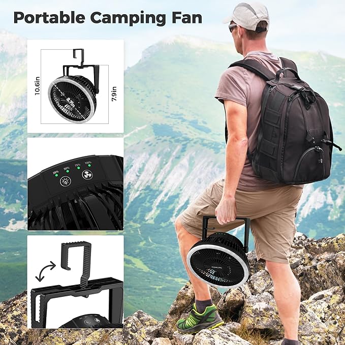 Portable Camping Fan with LED Lantern, 24HRS Running 8inch Rechargeable Tent Fan, Powerful 3-Speed 180° Rotate with Hook, Quiet for Outdoor RV Travel Fishing Hurricane Emergency Power Outage