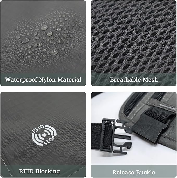 FuninCrea Waterproof Hidden Money Belt for Travel, Anti-Theft Belt Bag with RFID Blocking Function Adjustable Slim Waist Bag with 2 Zipper Pockets & 1 Back Pocket for Travel Running (B, Deep Grey)