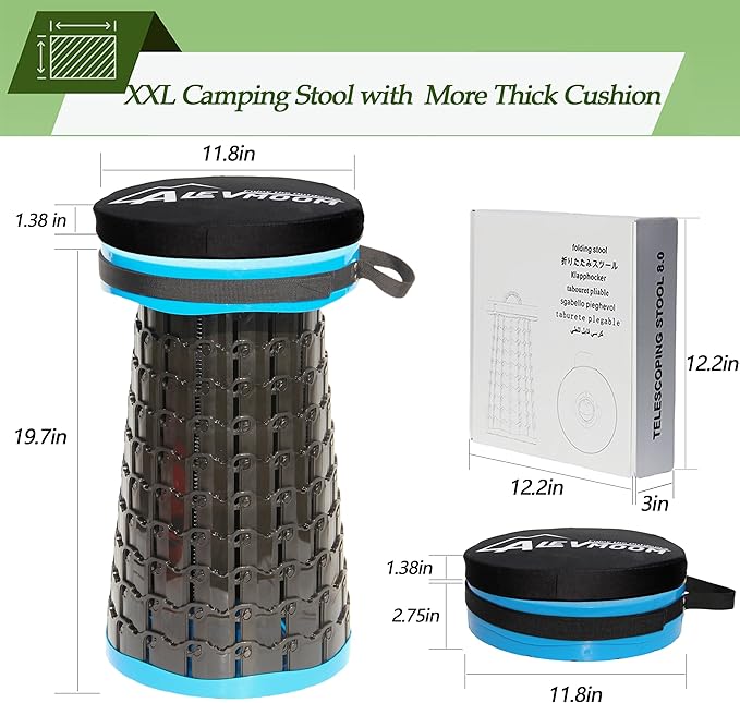 ALEVMOOM Upgraded XXL Collapsible Stool with Thick Cushion 19.7",1000lbs Max Weight,Wider & Taller Pop Up Seat, Heavy Duty Portable Retractable Folding Chair or Travel Foot Rest for Camping & Outdoors