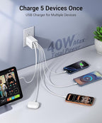 2026 Updated 40W Retractable Charger,4Port Travel Essentials Multiport,5-in-1 PD Wall Charger Block Plug+2.6ft Type C Cables, Fast Phone Charging Foldable Brick for iPhone 17/16/15 Pro Max,Galaxy