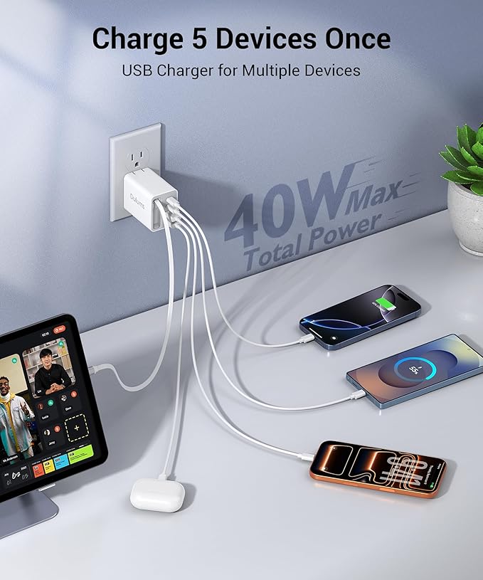 2026 Updated 40W Retractable Charger,4Port Travel Essentials Multiport,5-in-1 PD Wall Charger Block Plug+2.6ft Type C Cables, Fast Phone Charging Foldable Brick for iPhone 17/16/15 Pro Max,Galaxy
