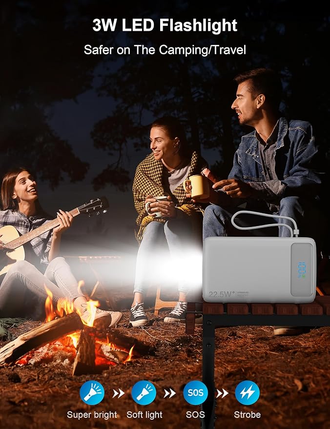 Portable Charger, 27000mAh 22.5W Fast Charging Power Bank with Built-in Cable, USB C Battery Pack with LED Display/Flash Light, Travel Essential External Battery Charger Bank for iPhone Samsung White
