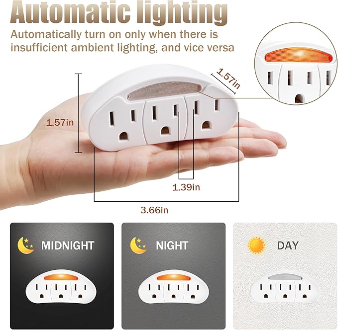 3-Prong 3-Outlet Plug Wall Mount Extender 2 Pack, 3-Prong to 3-Prong 3 Side Outlet Plug Splitter Converter, Multi Plug Outlet Spaced Adapter with Light-Sensing/Warm Night Light, ETL Listed, White