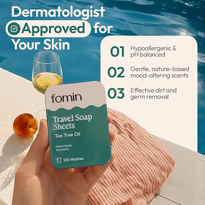 FOMIN - Antibacterial Paper Soap Sheets Tin for Traveling - 3 Pack Tea Tree - Portable Travel Hand Soap Sheet, Dissolvable Mini Camping Hand Soap for Hand Washing