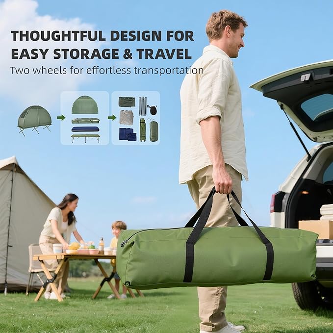 Outsunny Camping Tent Cot, Folding Tent Cot Combo with Mattress, Pillow, Sleeping Bag, Roller Carrying Bag, Off Ground Travel Camp Cot for Hiking, Backpacking