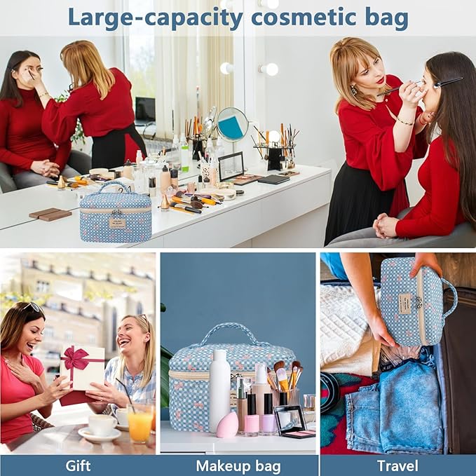 Gosect Large Makeup Bag, Cute Cosmetic Bag for Women Girls, Floral Coquette Aesthetic Toiletry Bag, Travel Make Up Organizer Bag (Blue Butterfly)