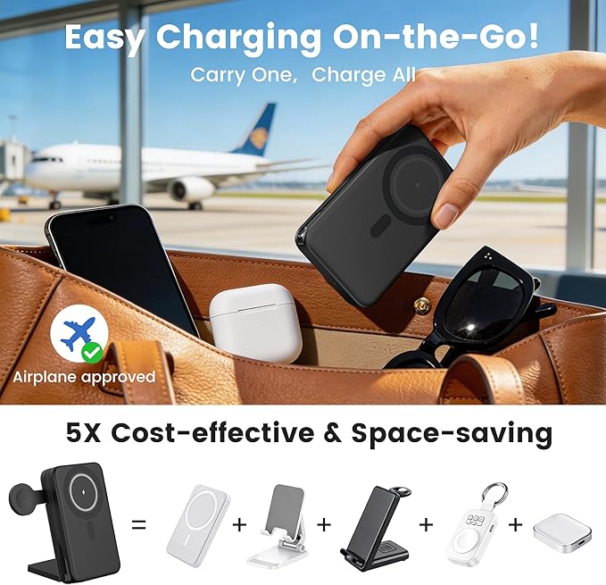 5-in-1 Portable Charger,10000mAh Foldable Power Bank Fast Charging Station USBC Cable Travel,for MagSafe Battery Pack Magnetic for iPhone 17/16/15/14/13/12,Apple Watch,Airpods,MatteBlack