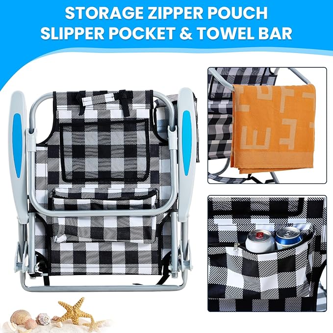 2 Pack Lightweight Portable Camping Beach Chair for Adults, Outdoor Lay Flat Folding Beach Chairs with 5 Positions, Backpack Beach Chair with Towel Bar, Zipper Pouch, Cup Holder, Plaid