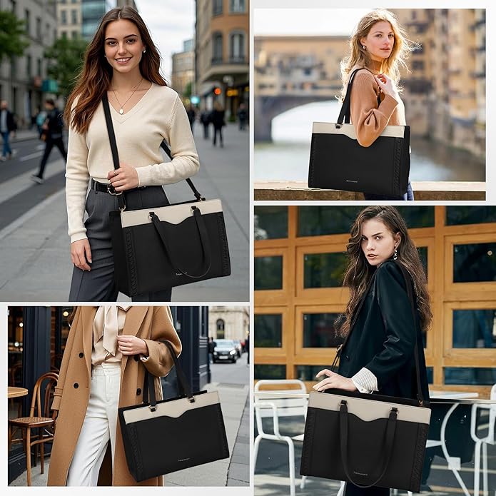 RAINSMORE Laptop Bag for Women 15.6 Inch Work Tote Bag with Detachable Strap & Bow Professional Laptop Tote with Cup Holder