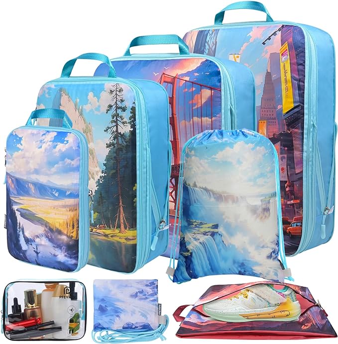 PFEYRPK Lightweight Compression Packing Cubes for Suitcases, Compressible Expandable Travel Packing Organizer with Clear Toiletries and Backpack Bag, Travel Essentials for Carry on Luggage 7 Set