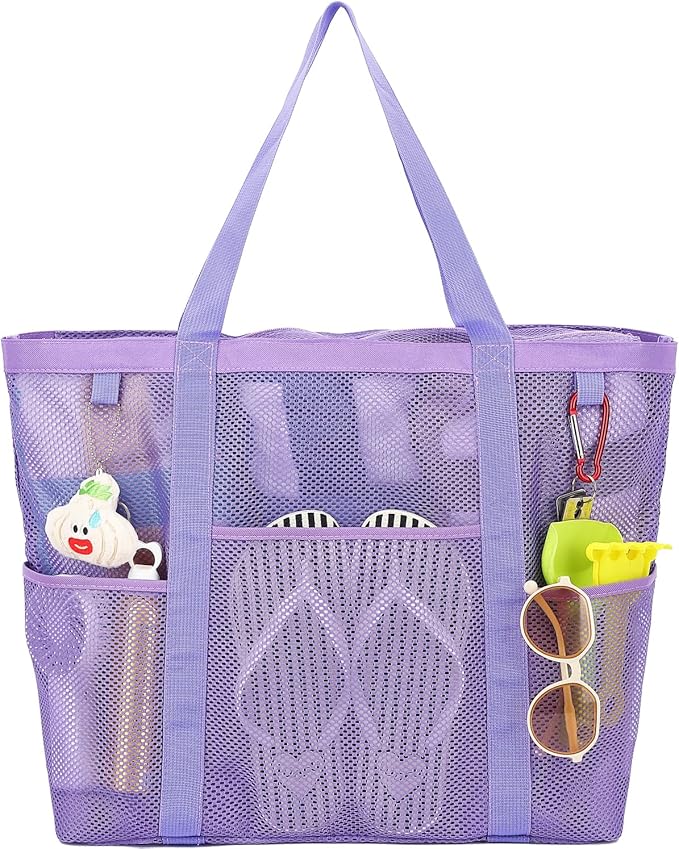 Fammart Mesh Beach Bag with Zipper, Large Beach Tote for Women, Toys Pool Swim Bag Travel Vacation Cruise Essentials