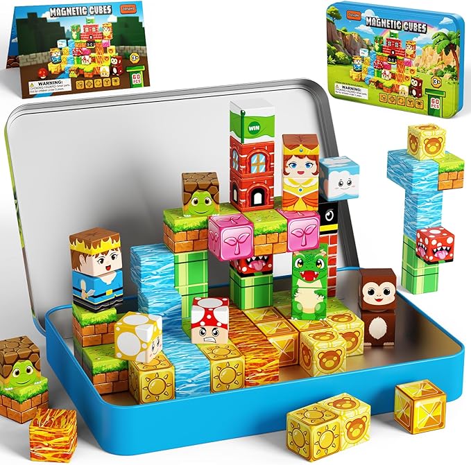 60PCS Mini Magnetic Building Cubes Set, Adventure-themed Magnetic Blocks, Portable Magnetic Travel Blocks with Iron Case, Educational Toy for Kids STEM & Construction Learning for Kids Aged 3+