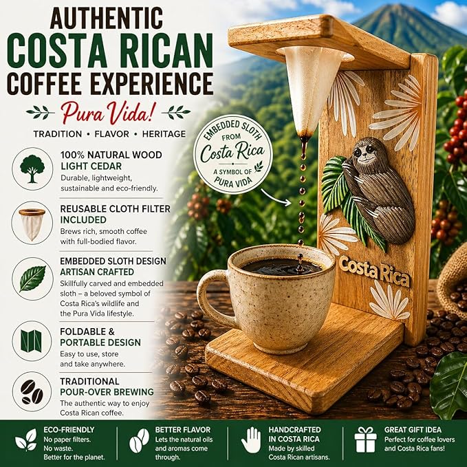 Tapanti store.Chorreador,Costa Rican handcrafted foldable wooden pour-over coffee maker.Includes a reusable cloth filter.Embedded Sloth wooden hand painted design.Light Cedar.Perfect for travel