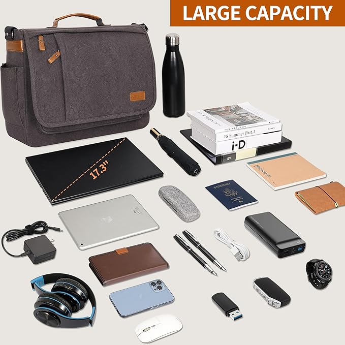 ESTARER Laptop Messenger Bag 17-17.3 Inch Water-resistant Canvas Shoulder Bag for Work College, Grey