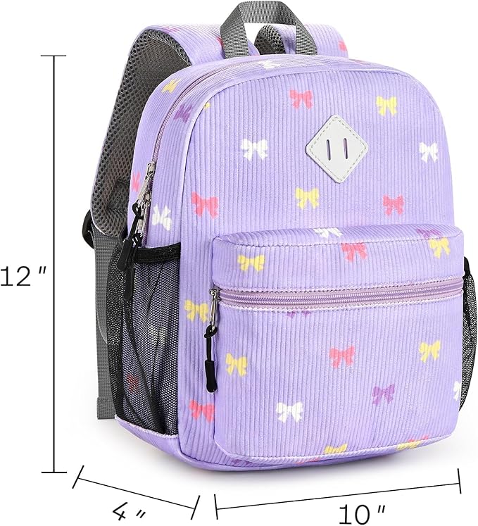 STEAMEDBUN Corduroy Toddler Backpack for Girls 2-4, Kids Preschool Backpack for Kindergarten - Purple Bow