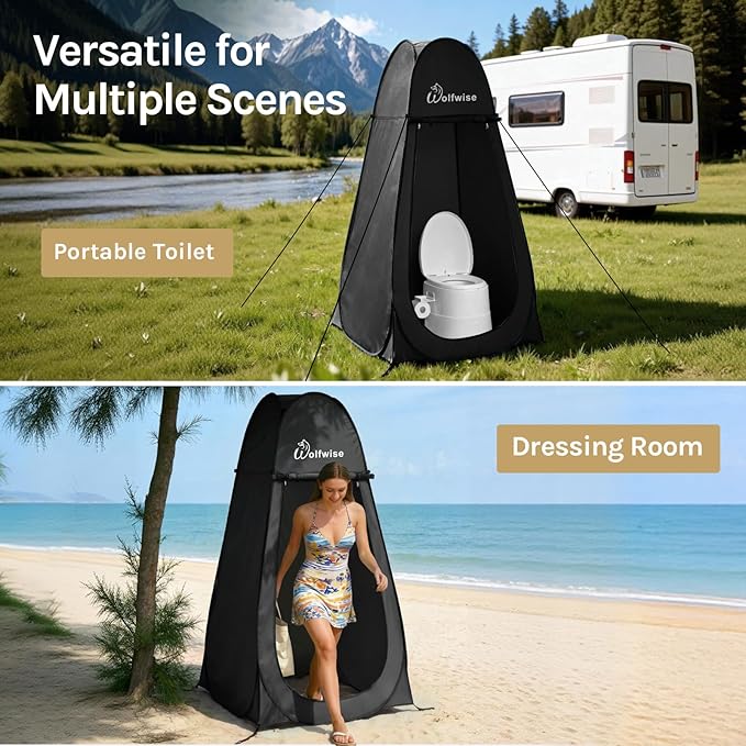 Wolfwise Pop Up Shower Tent for Camping, Portable Instant Changing Tent with Ventilation Window & Carry Bag, Privacy Bathroom Toilet for Beach & Outdoor, Standard, Dark Black