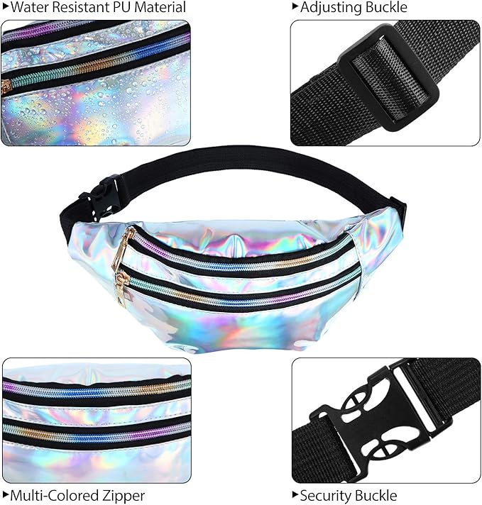 Frienda 2 Pieces Holographic Fanny Pack for Women Colorful Sport Waist Bag Pack