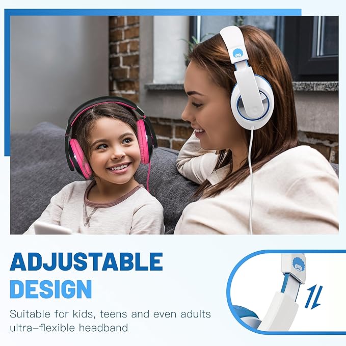 rockpapa Comfort Kids Headphones for School, Lightweight Foldable Portable Childs Boys Girls Teens Headphones Wired 3.5mm with 4.9ft Cord for Travel Airplane Tablet Phone Pad Laptop White/Blue