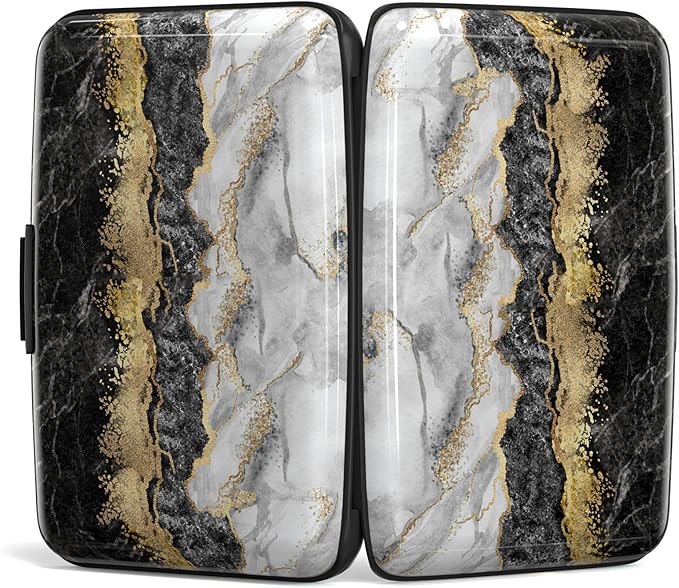 Credit Card Holder, Mini Aluminum Card Wallet RFID Blocking Slim Metal Hard Card Case for Women Men, Black Gold Marble