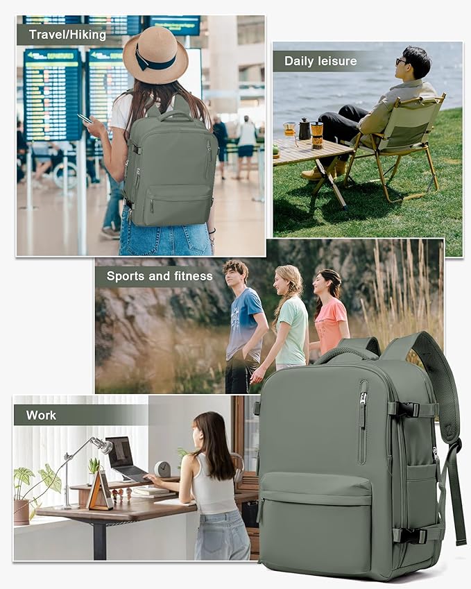 WONHOX Large Travel Backpack Women,Carry On Backpack Flight Approved 18x14x8 inches Bag Spirit Airlines Personal ltem,College Sports Hiking Rucksack Laptop Blackpack mochila de viaje,Green