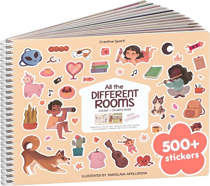 All The Different Rooms 500+ Sticker Book by Cupkin Fashion Toddler Travel Activity Coloring + Sticker Book, Road Trip Essentials, 12 Coloring Pages + Side by Side Scenes for Ages 2–8 Years