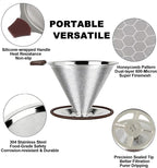 Pour Over Coffee Dripper - 304 Stainless Steel, Paperless & Reusable Dual-Layer Metal Coffee Filter with Base, 600 Mesh Steel Cone, for 1-4 Cups Brew Coffee Maker (Brown)