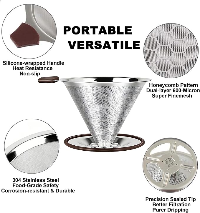 Pour Over Coffee Dripper - 304 Stainless Steel, Paperless & Reusable Dual-Layer Metal Coffee Filter with Base, 600 Mesh Steel Cone, for 1-4 Cups Brew Coffee Maker (Brown)