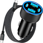 [Apple MFi Certified] iPhone 17 Car Charger, KYOHAYA 90W 4-Port Dual USB-C&USB-A Power Cigarette Lighter PD/QC3.0 UBS-C Car Charger with Type-C Braided Cord for iPhone 17/17 Pro/16 Pro/15/Galaxy/Pixel