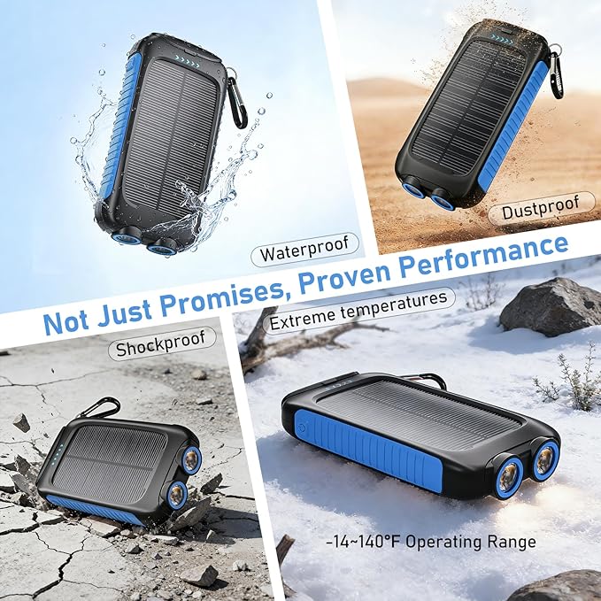 Portable Charger Solar Power Bank 20000mAh with USB-A and USB-C 5V/3A Output Port Blue Battery Pack Compatible with iPhone, Samsung, Waterproof Emergency LED Flashlights Perfect for Camping, Hiking