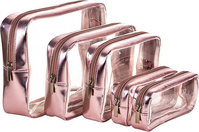 Remobia Hicol TSA Approved 5-Piece Diaper Bag Organizer Pouch Set Clear Waterproof TPU Kids Toiletry Storage Set Travel Packing Clutch Cube Bags for Baby Nursing(Gose gold leather)