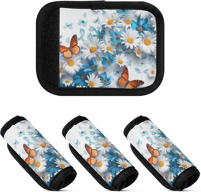 4Pcs Luggage Handle Wrap Suitcase Identifier Handle Covers Tags Soft Travel Bags Luggage Handle Gripper Accessories for Airplane Flying White Daisy and Butterflies