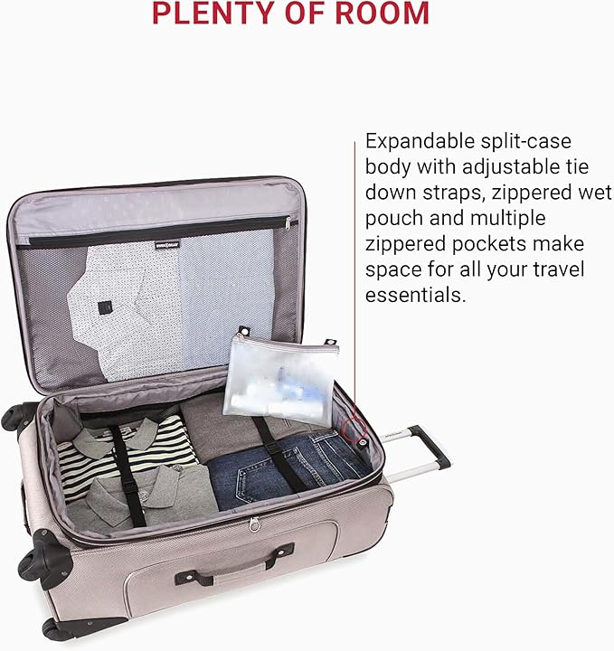 SWISSGEAR Sion Softside Expandable Spinner Luggage Durable Lightweight Travel Suitcase, Pewter, Checked-Large 29-Inch