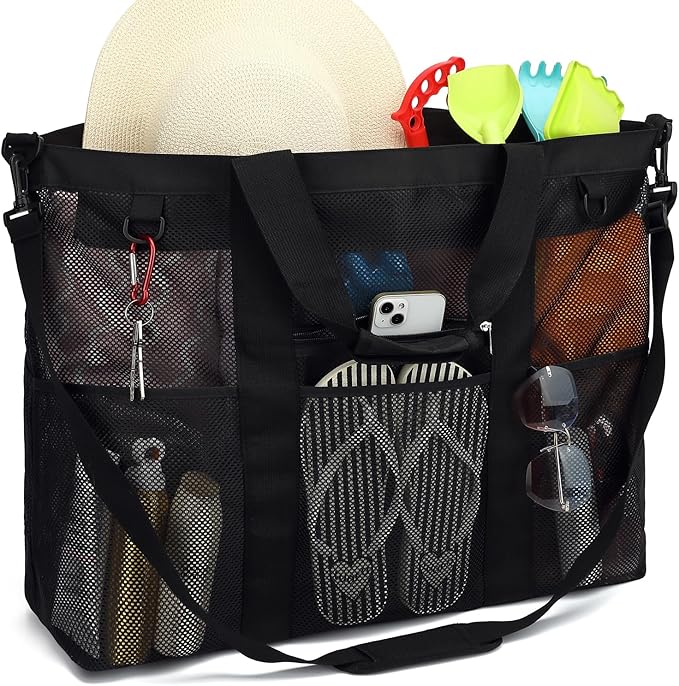 Fammart Mesh Beach Bag with Zipper, Large Beach Tote for Women, Toys Pool Swim Bag Travel Vacation Cruise Essentials
