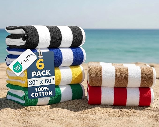 LANE LINEN Beach Towels 6 Pack - 520 GSM Beach Towel (30" x 60") – 100% Cotton Soft, Thick & Highly Absorbent Pool Towels for Hotel Airbnb Spa - Quick Dry Cabana Stripe Large Towel - Tropical Escape