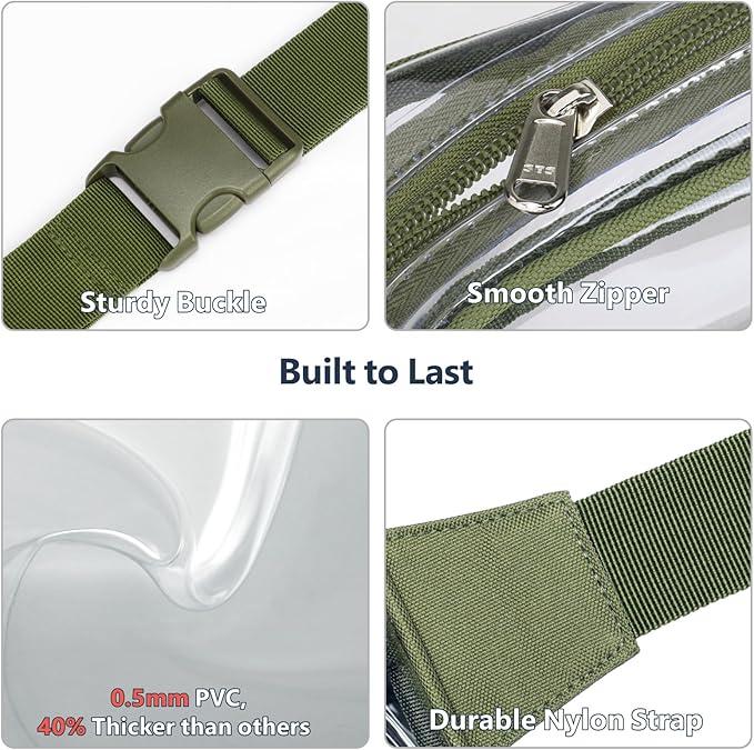 Packism Clear Fanny Pack Stadium Approved - Plus Size 35-51 inches Adjustable Strap Clear Belt Bag for Women Men Transparent Waist Bag for Concerts, Sporting Events, Green
