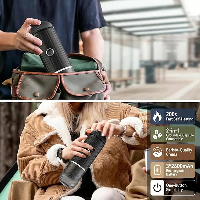 Portable Espresso Machine with 3-4 Min Self-heating, 7800mAh Rechargeable Electric 2-in-1 Coffee Machine Compatible with NS Capsules and Ground Coffee for Car Camping Travelling Office Home , Green