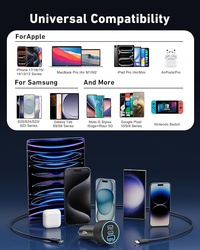 Car Charger USB C, 3-Port 67W Dual USB-C & USB-A Car Phone Charger Accessories Power Adapter Fast Charging Cigarette Lighter for iPhone 17/16/15/14/13/12/11 Pro Max, iPad, Galaxy S26/S25/S24, Android