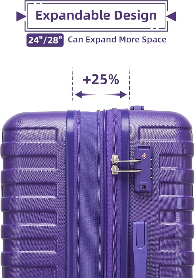6 Piece Luggage Sets with Bags, Lightweight Expandable Checked Luggage Sets, Hardshell ABS Spinner Wheels Carry on Suitcase with TSA Lock, for Travel, Women Men (Purple, 18/20/24/28inch+2bags)